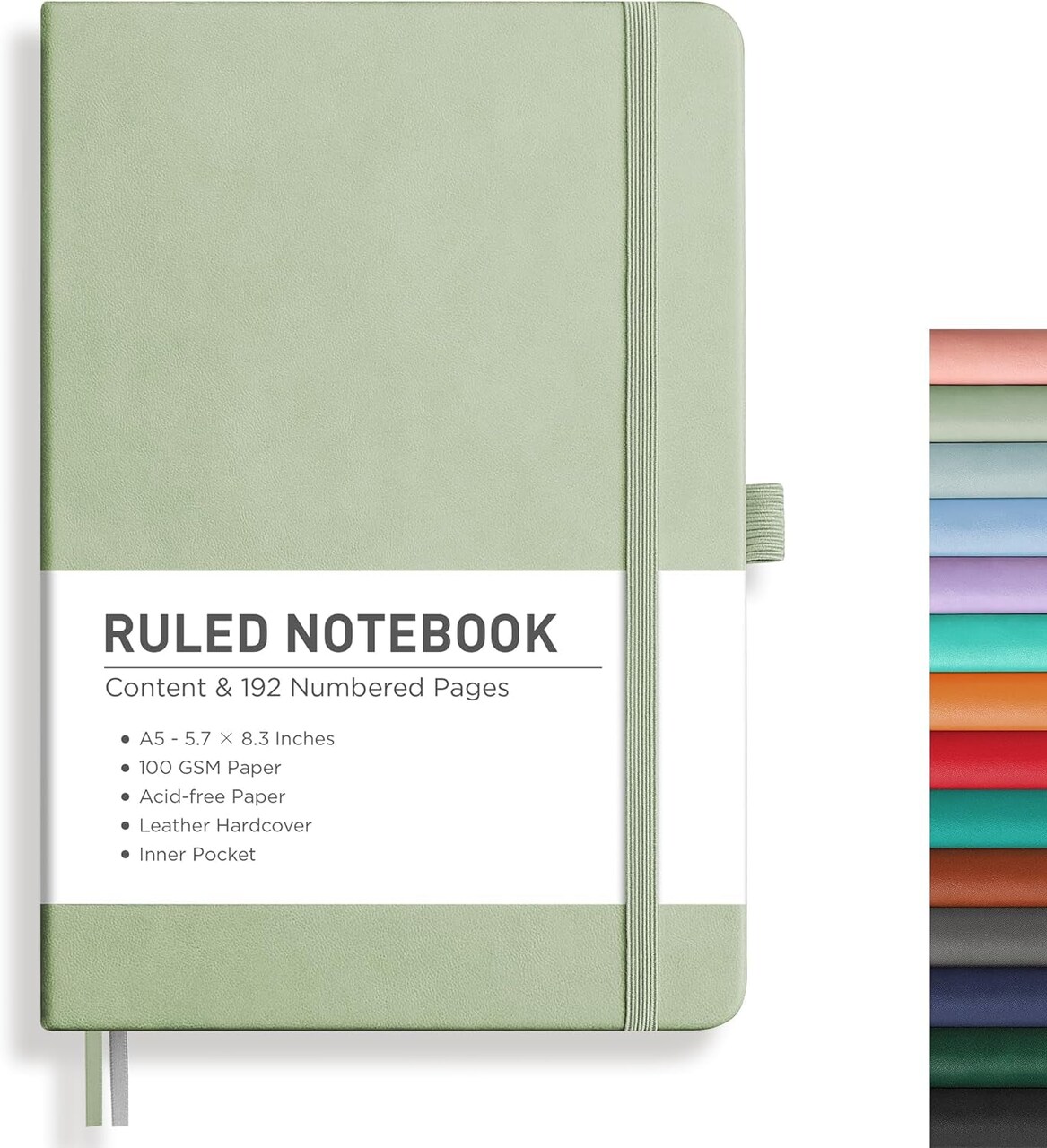 Notebook Journal - A5 College Ruled Notebook with 192 Numbered Pages, Notebook for Work, School, Writing, 100 GSM Acid-Free Paper, Leather Hardcover, Inner Pocket, 5.7'' × 8.3'' (Light Green)